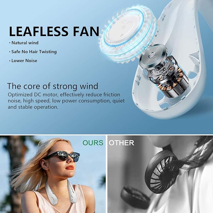 Portable Hands Free Wearable Neck Fan | Battery Operated, USB Rechargeable with 3 Speeds