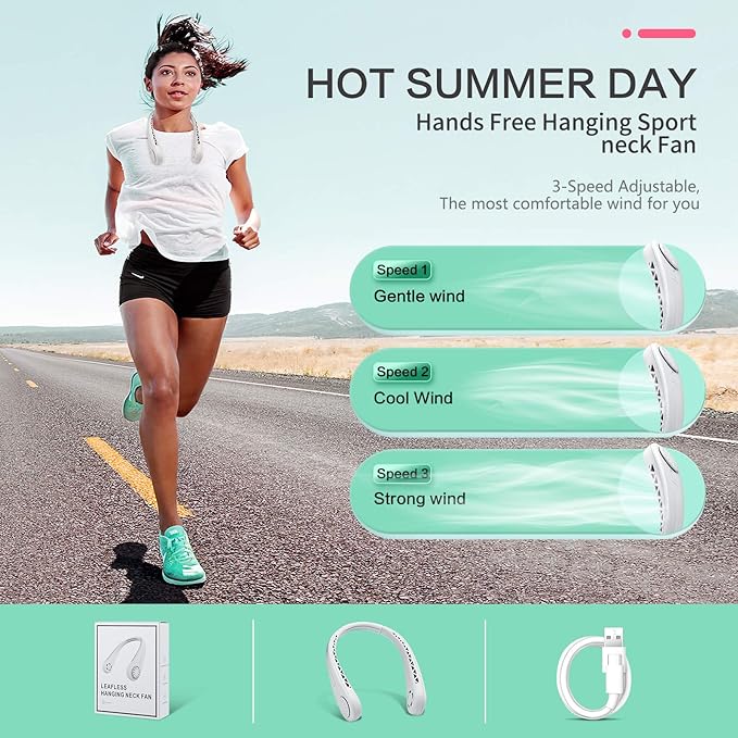 Portable Hands Free Wearable Neck Fan | Battery Operated, USB Rechargeable with 3 Speeds